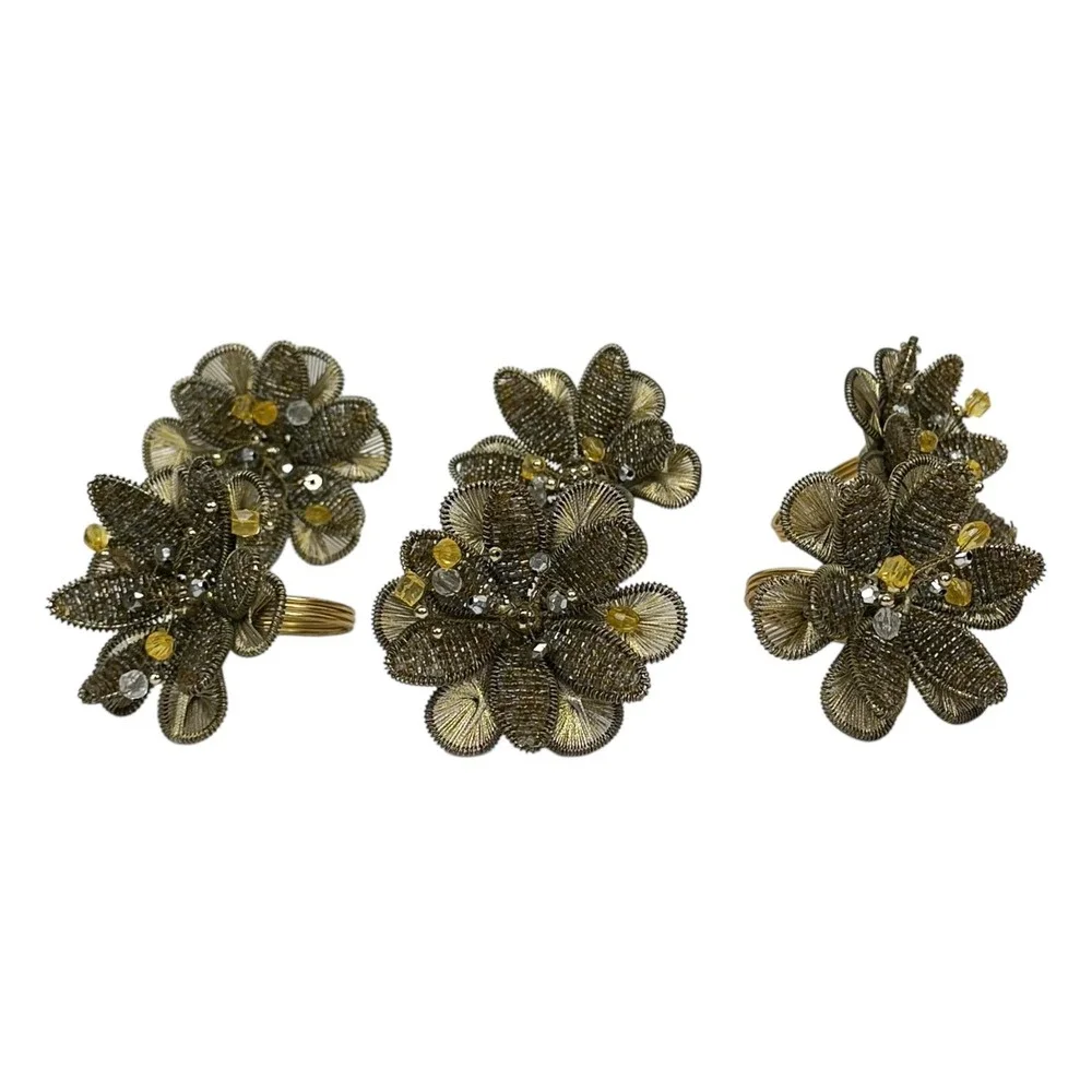 Pier 1 Beaded Metal Flower Napkin Ring Set‎ Of 6 Gold Tone Yellow Spun Wire